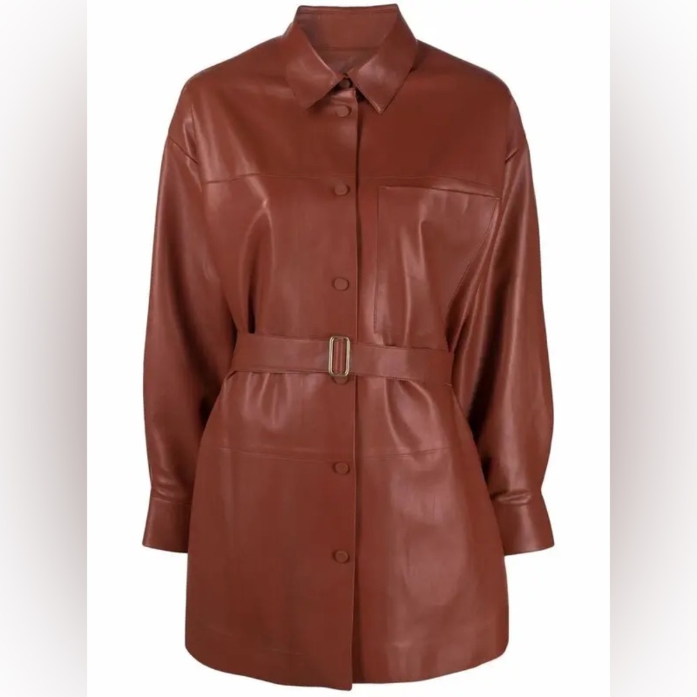 AERON 
Jaiphal Tied-Waist Leather Shirt-Jacket - Brown